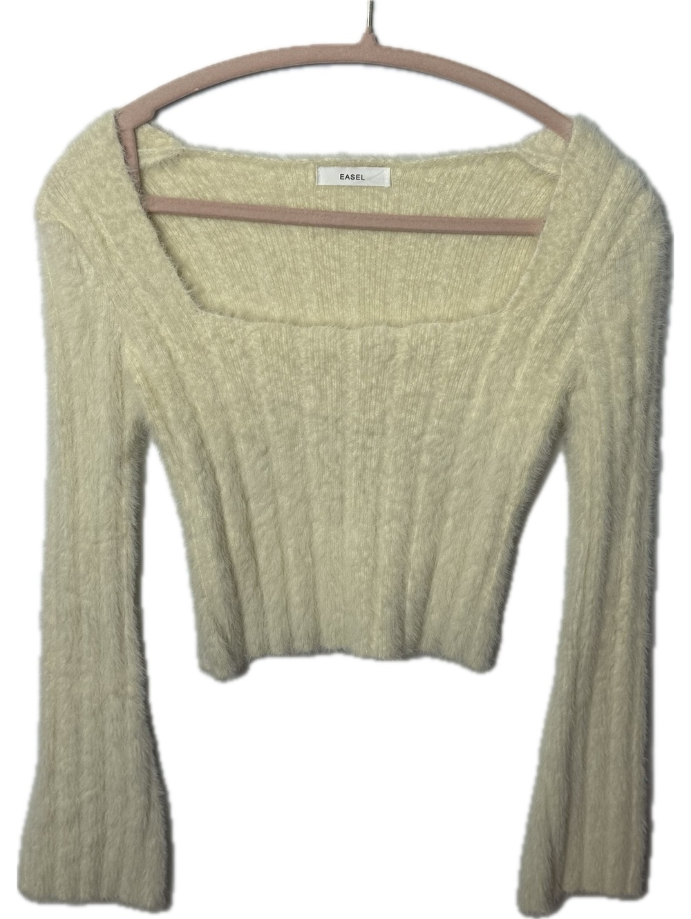 EASEL Cream Fuzzy Eyelash Knit Cropped Sweater Square Neck Bell Sleeve